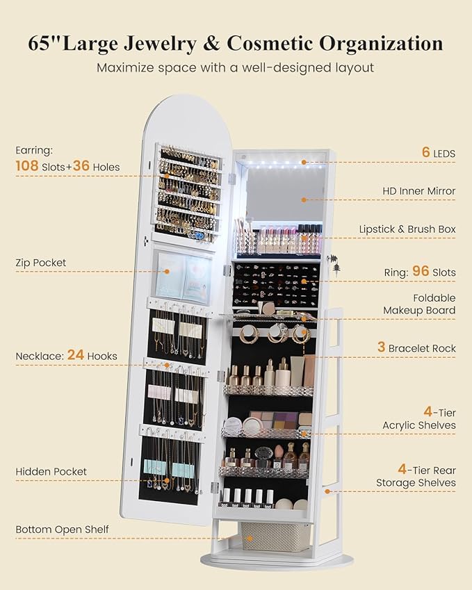 LVSOMT LED Arched Mirror Jewelry Cabinet Standing, Lockable Jewelry Armoire, Full-Length Mirror with Storage, Space-Saving Jewelry Organizer Mirror, Foldable Makeup Shelf, Gift for Women(LED White)