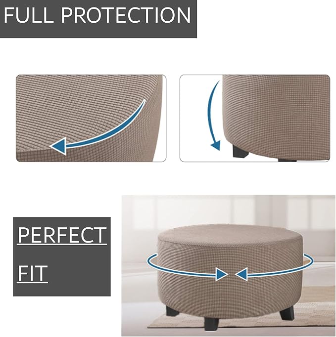 Stretch Ottoman Slipcover – Round Furniture Protector Fits 20"-23" Dia, for Footrests, Storage Ottomans & Folding Stools – Elastic Fabric Cover (Taupe, Medium)