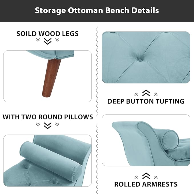 Storage Bench for Bedroom End of Bed, Velvet Upholstered Rolled Armed Button Tufted Sofa Stool Bench, Storage Ottoman Couch Long Bench with Solid Wood Legs (Blue)