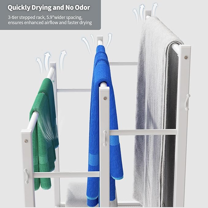 HavenlyYouth 3 Tier Free Standing Towel Rack, Pool Towel Rack with Metal Shelf for Outside, Blanket Drying Holder for Display and Storage in Bathroom, 35.8" H x 31.5" L x 11.8" W, White