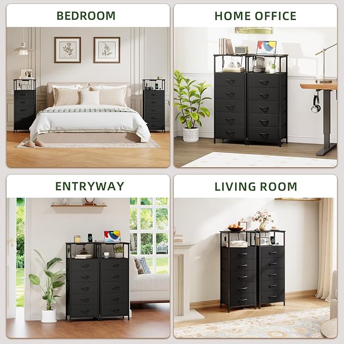 Somdot Black Nightstand with Charging Station and LED Light for Bedroom, Tall 5 Drawers Dresser with Fabric Bins for Bedside Kids Dorm Room Closet Laundry Entryway, Black
