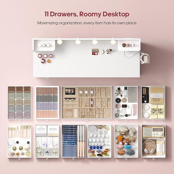 HAUOMS Vanity with Lights and Mirror, 11 Drawer Makeup Vanity with Power Strip, 6 Open Shelves, 43.3” Vanity Desk with Storage, Dressing Table with 3 Color Modes for Bedroom, Women, Girls (White)