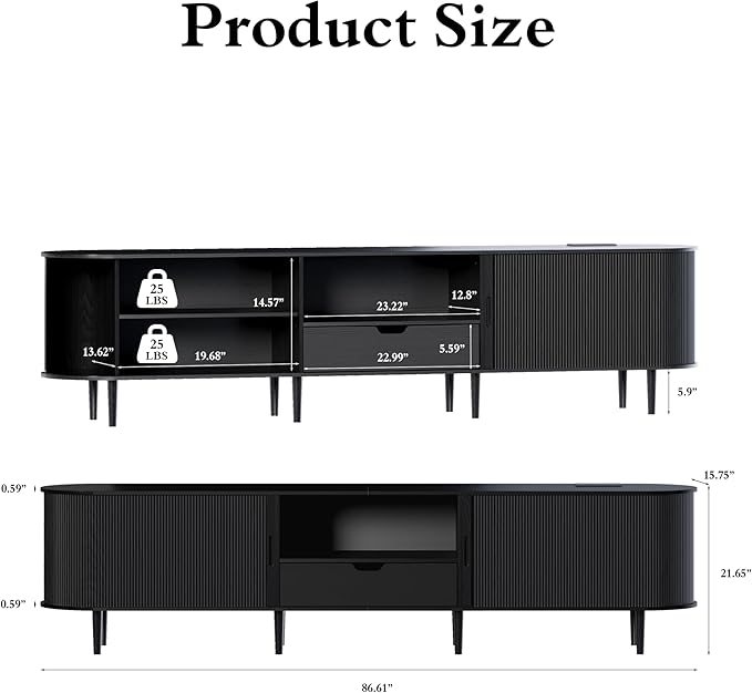 DHH 86.6" Fluted TV Stand with Power Outlet for TVs up to 90", TV Console with Adjustable Shelves and Sliding Door,Mid Century Modern Entertainment Center for Living Room,Bedroom (Black, 86.6Inch)