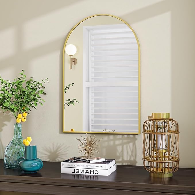 VooBang Arched Wall Mirror, 20 x 30 inch Arch Bathroom Mirror, Wall Mounted Vanity Mirror with Arch Metal Frame, Modern Bathroom Vanity Mirror for Bedroom, Living Room, Hanging or Leaning, Gold