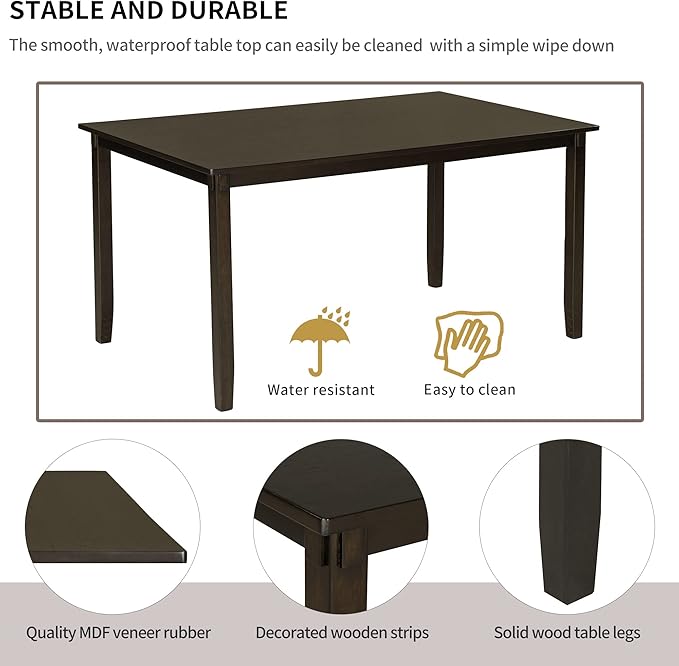 Merax 6-Piece Wooden Kitchen Dining Table Set with 4 Fabric Chairs and Bench, Family Furniture, Espresso