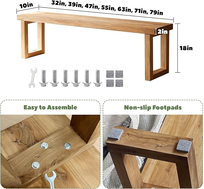 Narrow Farmhouse Bench Skinny Wooden Entryway Long Bench 32" 39" 47" 55" 63" 71" 79" Rustic Indoor Benches for Hallway Kitchen Dining Bedroom End of Bed Easy Assembly Natural Finish(71x10xH18")