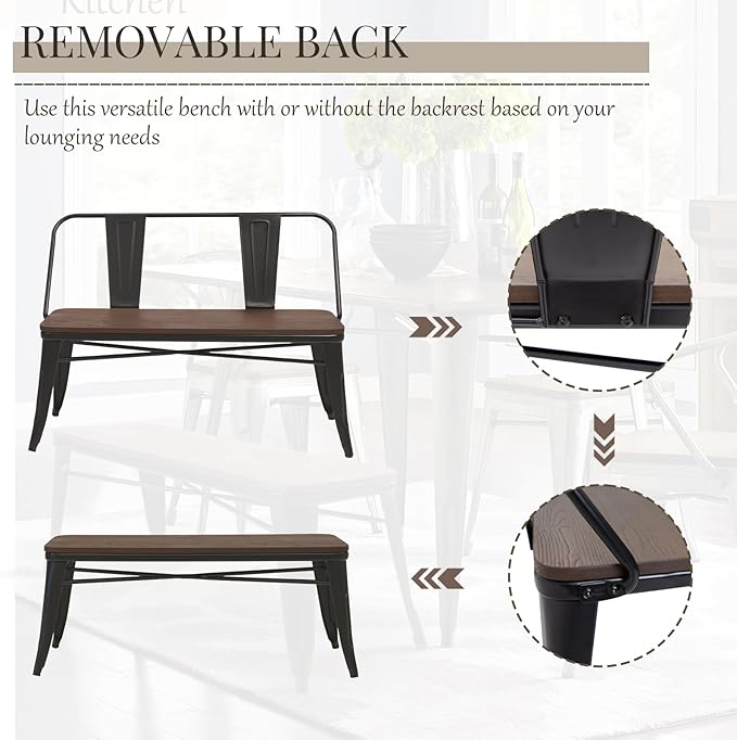 YOLENY Dining Bench, Entryway Bench with Back, Farmhouse Metal Dining Bench, Industrial Mid-Century 3 Person Rustic Spindle Bench, with Wood Seat, Removable Backrest, 42in, Black