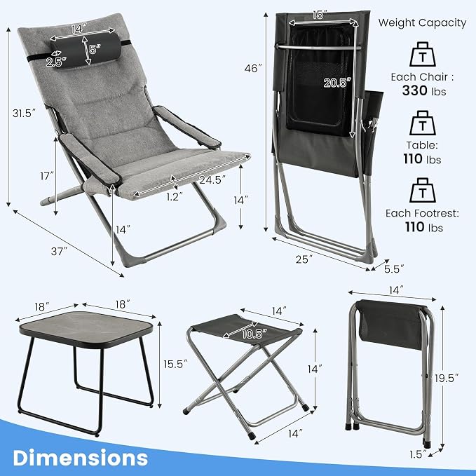 Giantex 5-Piece Patio Bistro Set, Folding Lounge Chairs with Footrest Stool & Side Table, Removable Cushion, Headrest, Armrest, Outdoor Conversation Furniture for Porch Balcony Yard Pool