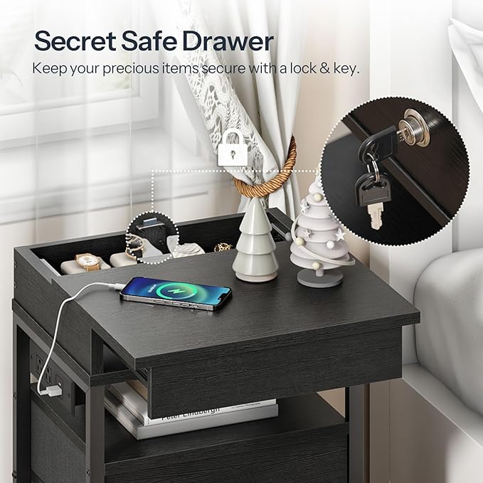 HOOBRO Nightstand with Charging Station, Bedside Table with Fabric Drawers, End Table with Lockable Hidden Compartment, 2 AC Outlets, 1 USB-A, 1 Type-C, for Bedroom, Black BB143UBZ01