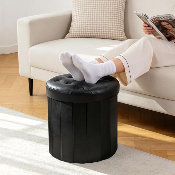 CAROLMADE Round Storage Ottoman,PU Leather Folding Footrest Stool with Thicker Foam Padded Seat,Versatile Vanity Stool for Living Room,Bedroom or Dorm,Black