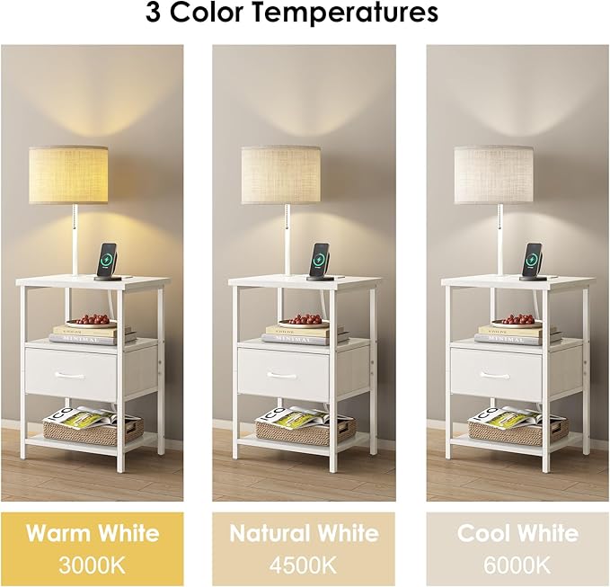 Fixwal Bedside Table with 3 Color Temperatures Bulb Attached, Nightstand with Charging Station and Lights, End Table with Fabric Drawer for Bedroom & Dorm (White)