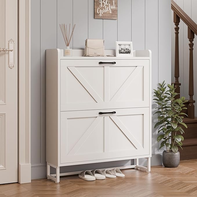 MU Shoe Storage Cabinet for Entryway, Hidden Shoe Cabinet with 2 Flip Drawers, Narrow Shoe Organizer Shoe Rack Cabinet with Metal Legs, White