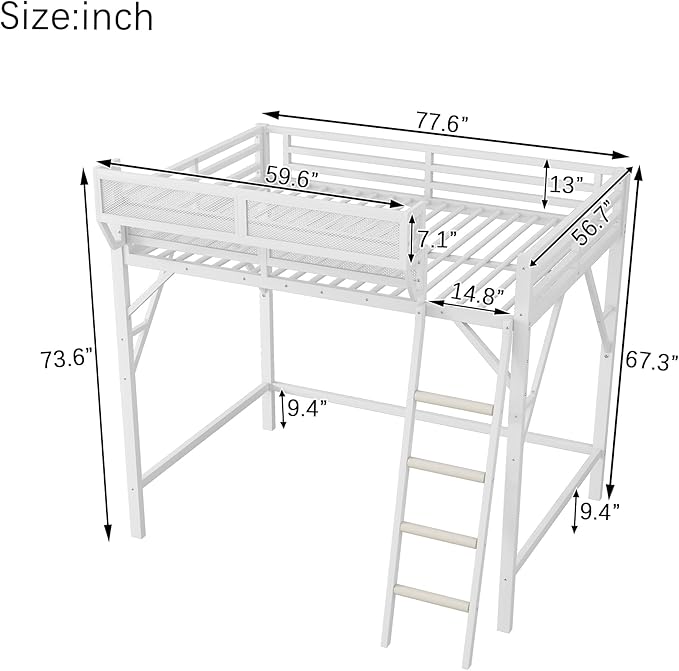 KEIKI Full Size Metal Loft Bed Frame with Ladder and Built-in Storage Shelves, for Teens, Modern Style Loft Bed with Solid Slats, Guardrail, No Box Spring Required, Easy Assembly, for Bedroom, White