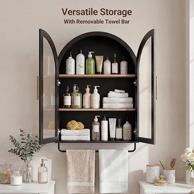 Seang Bathroom Arched Wall Cabinet,Modern Medicine Cabinet with Towel Bar and Adjustable Shelf,Over The Toilet Wall Storage Cabinet,Black