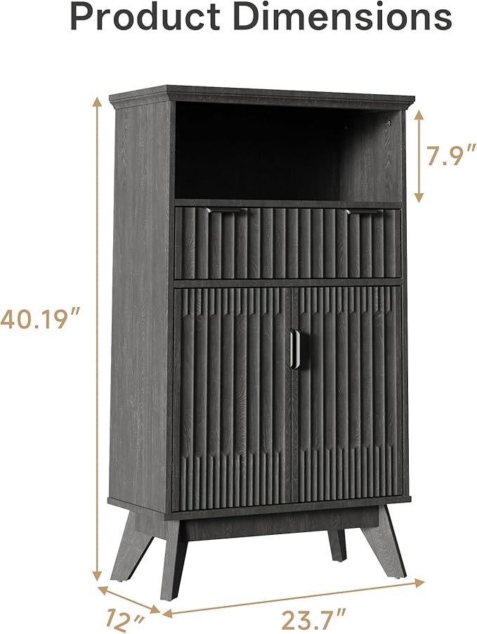 Fatmok Buffet Cabinet with Storage, 40" Modern Fluted Coffee Bar Cabinet with Drawer & Open Shelf, Wood Buffet Sideboard Console Table for Entryway, Kitchen, Living Room (Black)