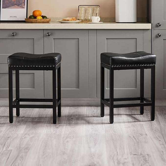 Sweetcrispy 24 inch Bar Stools Set of 6, Upholstered Modern Counter Height Bar Stools for Kitchen Island Modern PU Leather Sadless Stools Chair with Metal Base and Footrest,Black