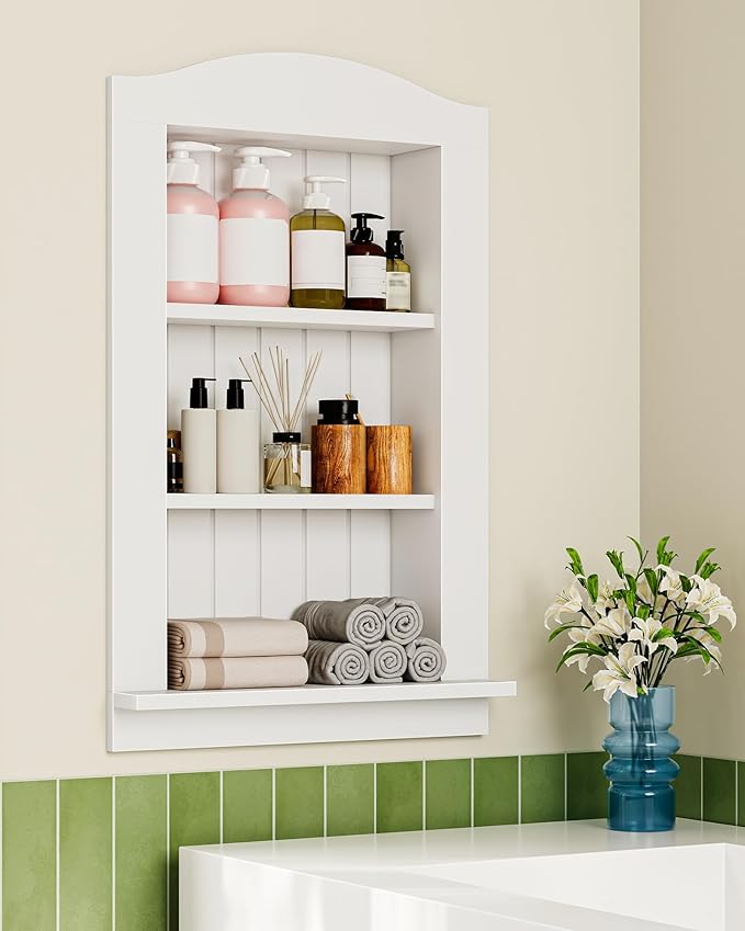 CHOEZON Recessed Wall Niche, 3-Tier Recessed Medicine Cabinet, Bathroom Cabinet Wall Mount, Bamboo Medicine Organizer, Wall Storage Cabinet, for Bathroom, Living Room, Kitchen, White