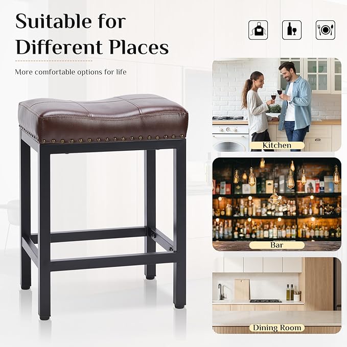 Sweetcrispy Bar Stools Set of 4, 24 Inch Counter Height Stools, PU Leather Upholstered Bar Chairs with Footrest, Modern Bar Stools for Kitchen Island, Dining, Living Room, Brown