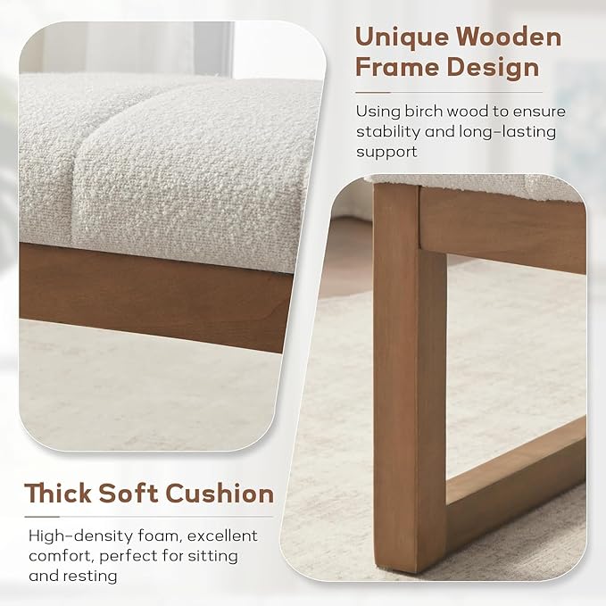Zihanhome 52.7" Bedroom Bench for End of Bed, Modern Upholstered Teddy Fabric Entryway Bench & Dining Bench, Footrest Stool Bench with Solid Wood Frame for Bedroom, Living Room (Beige)