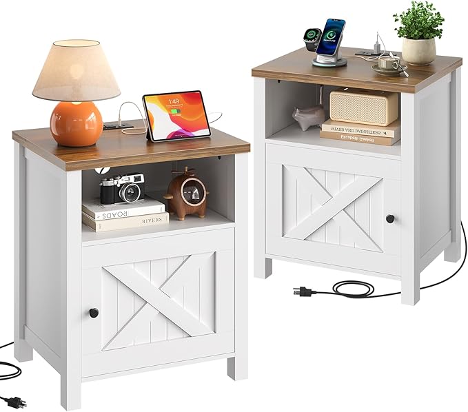 Marsail Farmhouse Nightstand Set of 2, Wood Bedside Table with Charging Station, Night Stand with Shelf and Doors, End Table with Storage Side Table for Bedroom, White & Walnut