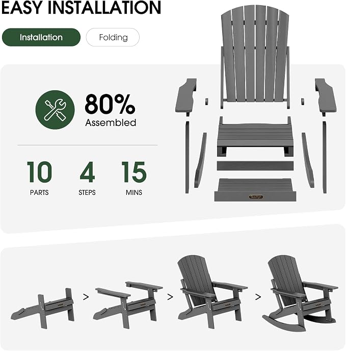 Adjustable Adirondack Rocking Chair with Retractable Ottoman Footrest, 4-in-1 Foldable HDPE Outdoor Rocker, Weather Resistant Adirondack Chair for Porch, Garden & Poolside, Grey