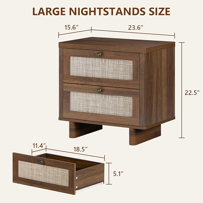 LAZZO Nightstands Set of 2, Mid Century Modern Night Stand with Rattan Drawers, Walnut Nightstand Bedside Table Set of 2, End Table for Bedroom (Walnut)