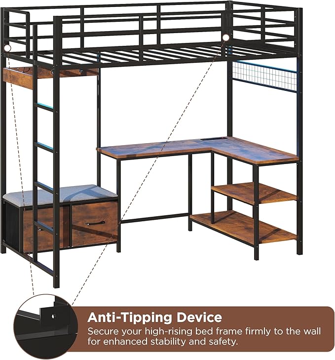 Vabches Twin Size Loft Bed with L-Shaped Desk, LED Lights, Charging Station, Loft Bed Frame with with Storage Drawers,Coat Rack, Safety Guardrail & Ladder, Rustic Brown