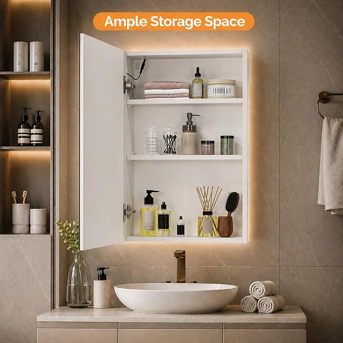 VINGLI 16Inch Medicine Cabinet with Lights, Lighted Medicine Cabinet with Mirror, Led Wall Mirror with Storage for Bathroom,Wall Mounted,3-Color Memory Mode Light，White,5.9" D x 15.75" W x 23.6" H