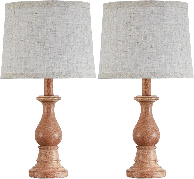 Vintage Table Lamp for Living Room Bedroom, 18.5" Farmhouse Bedside Lamps Nightstand Lamp Set of 2, Table Lamps with Oatmeal Linen Lamp Shades, 2 LED Bulbs Included, Wood Grain