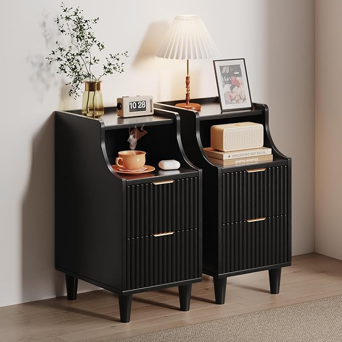 Fluted Nightstands Set of 2,Narrow Bedside Table with 2 Drawers & Storage, Farmhouse Walnut End Table Modern Side Table for Bedroom Livingroom Sofa Office, Small Space