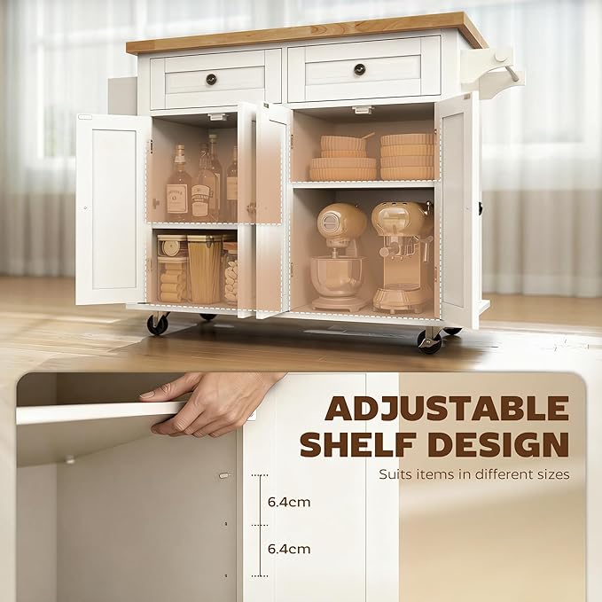 HOMCOM Kitchen Island Cart with Solid Wood Top, 44" Mobile Kitchen Island Table on Wheels with Storage Cabinets, 2 Drawers, Adjustable Shelves, Spice Rack & Towel Bar for Dining Room, White