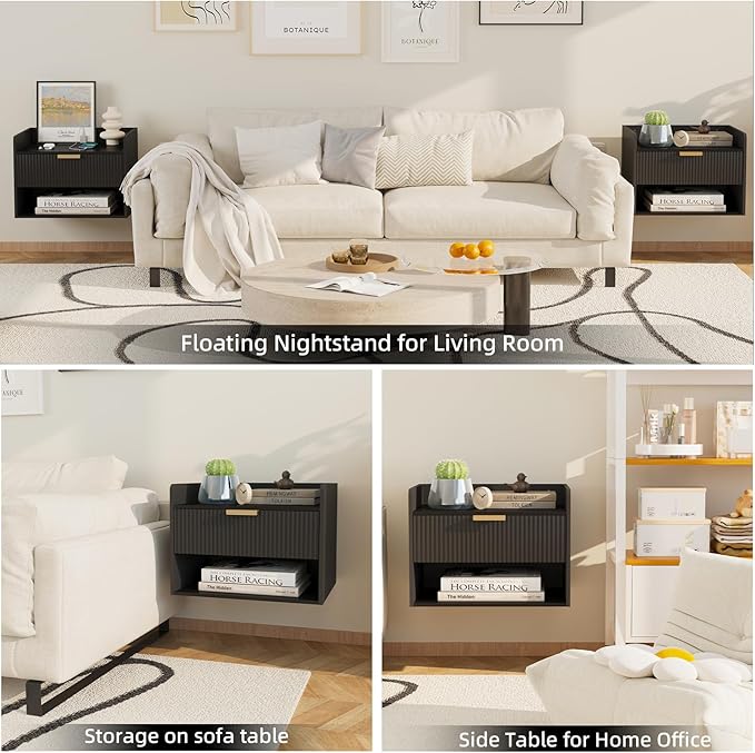 Arbuxzuy Floating Nightstand Set of 2, Wall Mounted Nightstand with Charging Station, Floating Bedside Table with Drawer, Minimalist Wooden Floating Night Stand for Bedroom (Black)