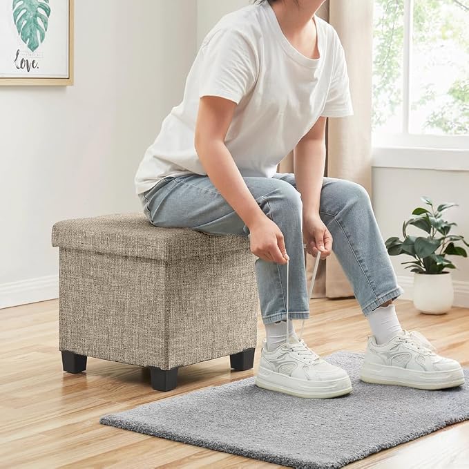 Ornavo Home 15 Inch Folding Storage Ottoman with Storage, Square Cube Linen Small Storage Ottoman Foot Rest Stool with Legs - Tan/Taupe
