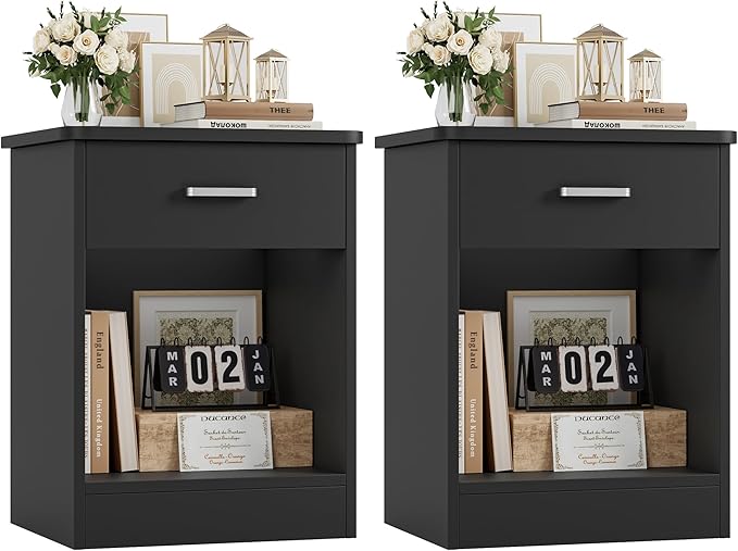 FOTOSOK Nightstand Set of 2, 2-Tier Side Table with Drawer and Storage Shelf, Bedside Table End Table, Modern Night Stand for Bedroom, Home Office,Black