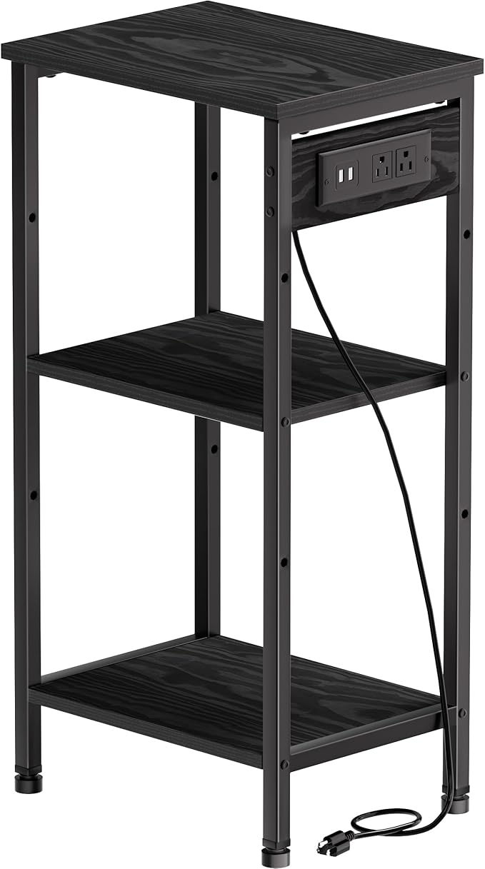 Asgolion Tall Nightstand with Charging Station, 3 Tier Narrow Tall End Table with Storage, Slim Side Table with USB Ports and Outlets for Bedroom, Living Room, Office, Black