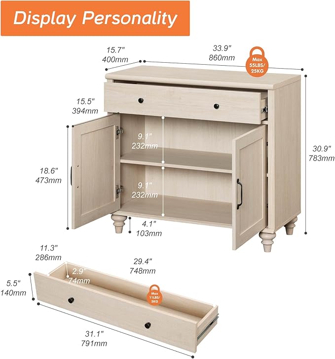 WAMPAT Buffet Cabinet with Doors & Drawer, Large Coffee Bar Table Wood Kitchen Storage Cabinets with Storage Cabinets, Modern Farmhouse Sideboard Credenza for Dining Room, Beige, 34 inch