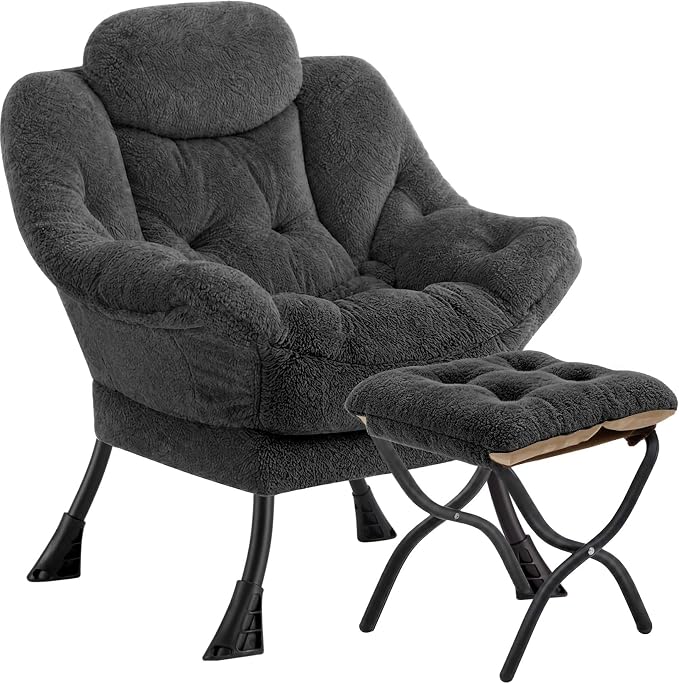Lazy Chair with Folding Ottoman,Leisure Sofa Chair,Soft Fabric Armchair with Armrests and Side Pockets, Reading Chair with Footrest for Living Room, Bedroom, Office (Plush Dark Grey)