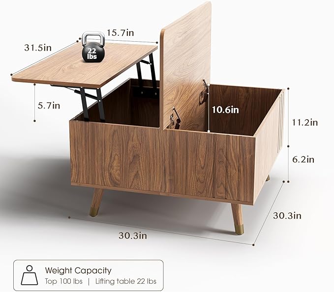 JOINICE 32" Square Lift Top Coffee Table with Storage,Mid Century Modern Walnut Center Table with Rising Desktop for Living Room, Brown Wood Finish