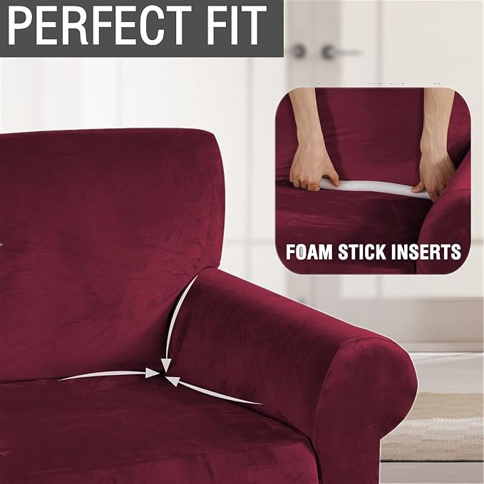 Velvet Stretch Sofa Slipcover 1-Piece Couch Sofa Cover Furniture Protector Soft with Elastic Bottom for Kids, Spandex Stretchy Fabric (Burgundy, Sofa)