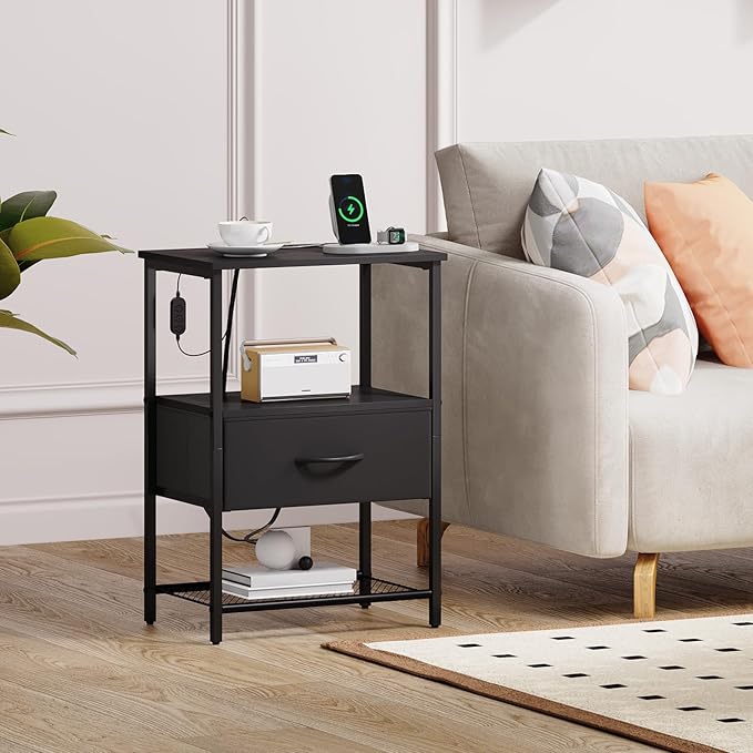 Somdot Black Nightstand Set of 2 with Charging Station and LED Light for Bedroom, Bedside Table End Table for Dorm Guest Room Bedside Kids Laundry Closet Entryway Hallway, Black