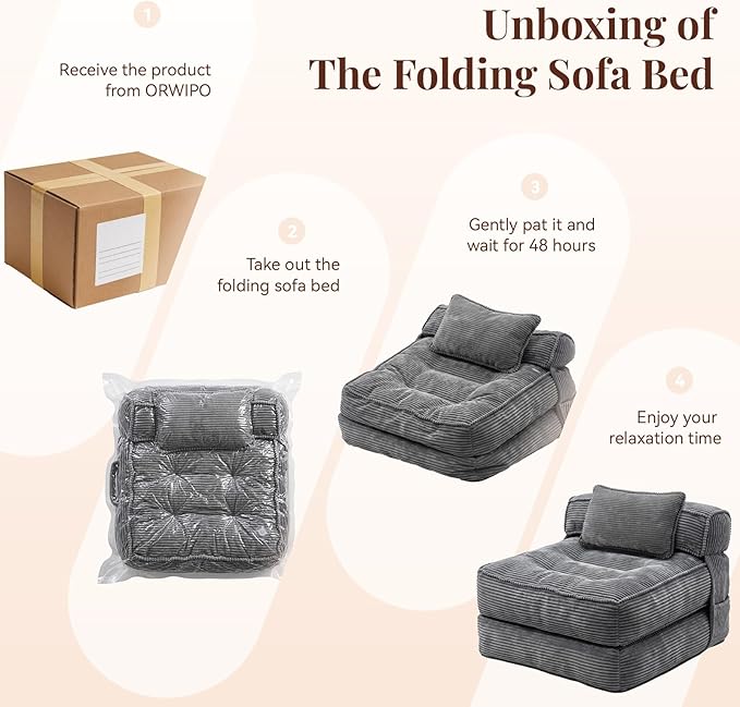 Folding Sofa Bed, Convertible Sleeper Chair with Pillow Foldable Mattress with Back Support, Portable Fold Out Chair Bed Comfy Floor Couch Lounge for Living Room Bedroom Apartment Single