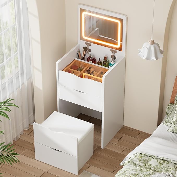 Mr IRONSTONE Compact Vanity Desk with Mirror and Lights, Hidden Makeup Vanity Cabinet with Storage Drawers & Shelves, Small Vanity Table for Bedroom, Flip Top Vanity for Small Spaces, White