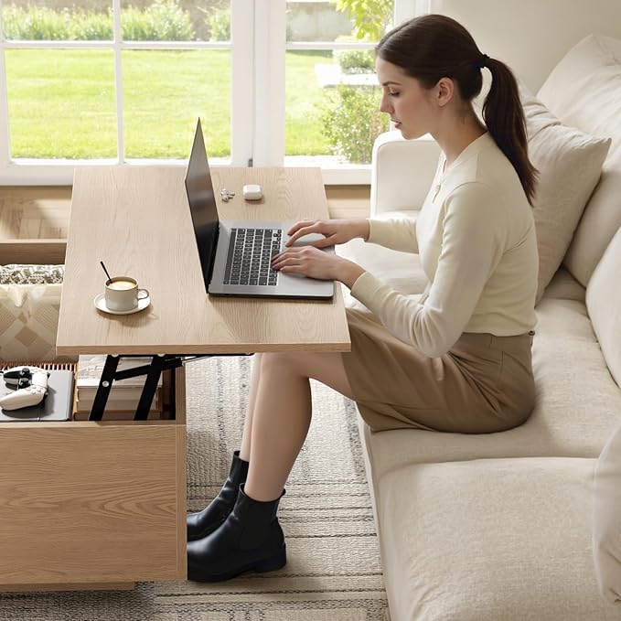 FABATO Lift Top Coffee Table, Wood Square Coffee Table with Storage, Farmhouse Coffee Tables with Hidden Storage Compartment, Center Table with Lifting Tabletop for Living Room, Home Office, Natural