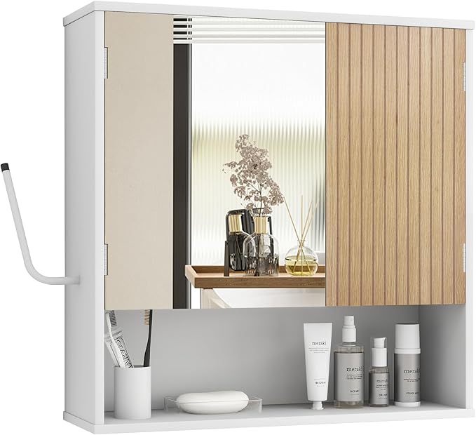 Bathroom Wall Cabinet With Mirror,wall mounted bathroom cabinet,Medicine Cabinet with 2 Door ,Side Hook,Light and Adjustable Shelves,White Cabinet with Wood Grain,Over The Toilet Space Saver Cabinet.