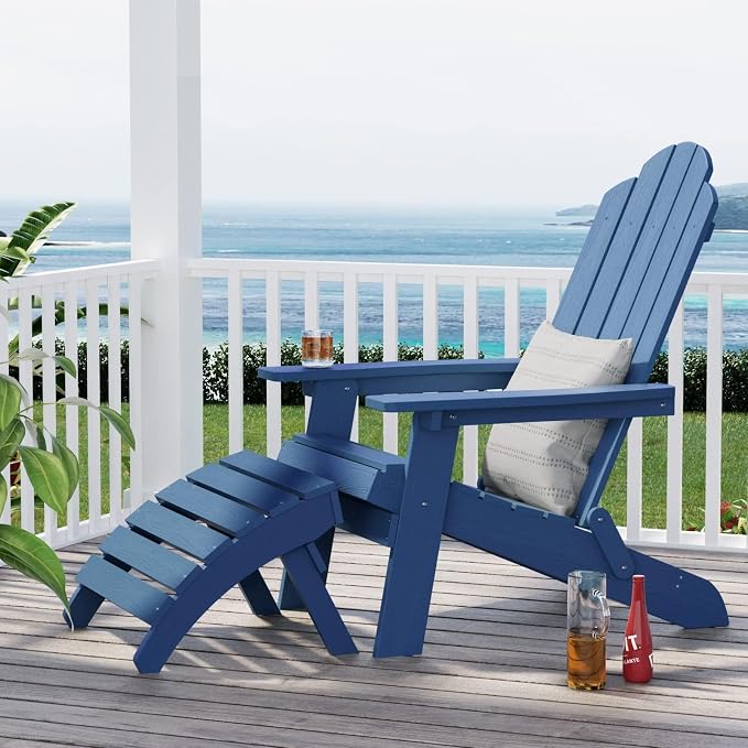 MXIMU Folding Adirondack Ottoman Set of 2: HIPS Plastic Outdoor Footrest Easy Assembly - All Weather Foot Rest Foot Stool for Adirondack Chair Use in Patio Garden Backyard Pool (Navy)