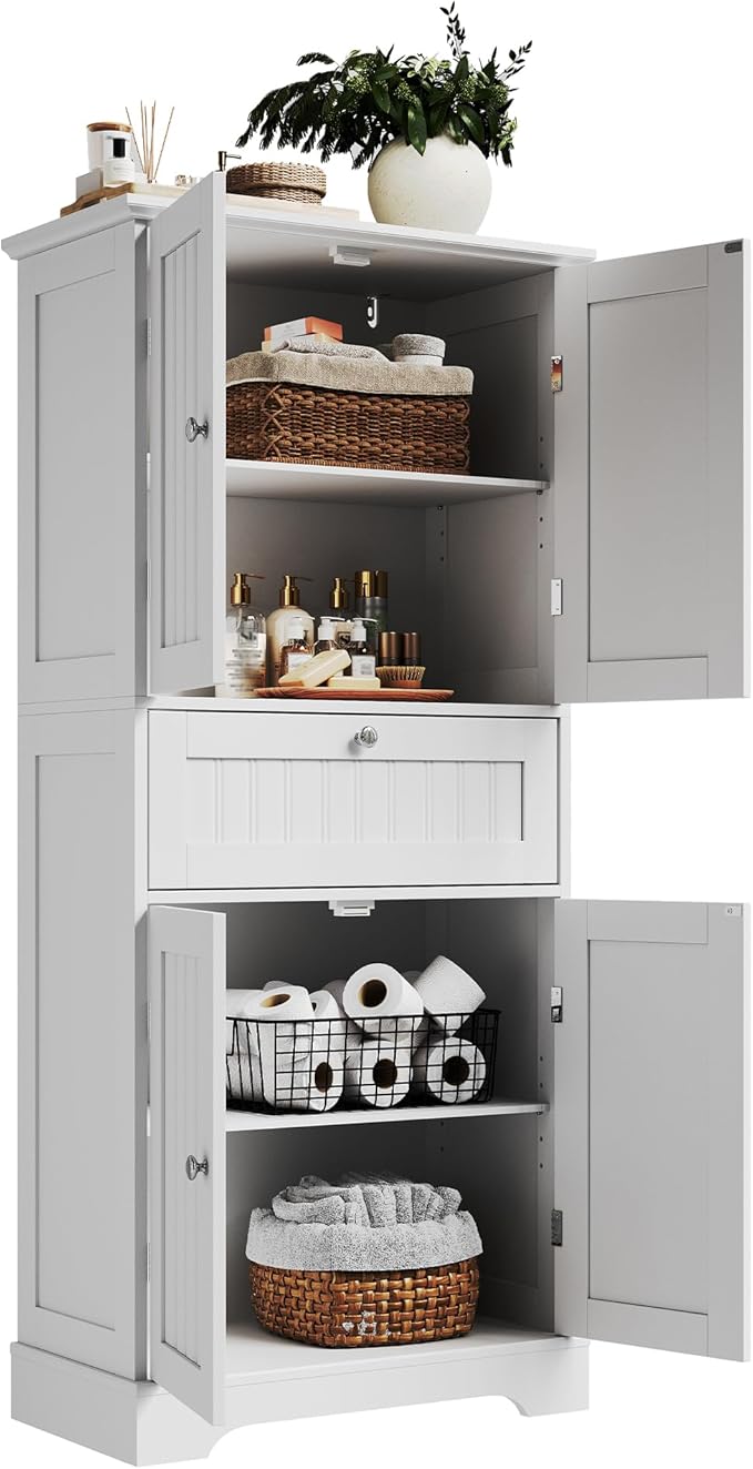ChooChoo 51" H Tall Bathroom Floor Cabinet, Modern Bathroom Storage Cabinet with Drawer and Adjustable Shelves, Freestanding Kitchen Pantry Cupboard with 4 Doors for Living Room, White