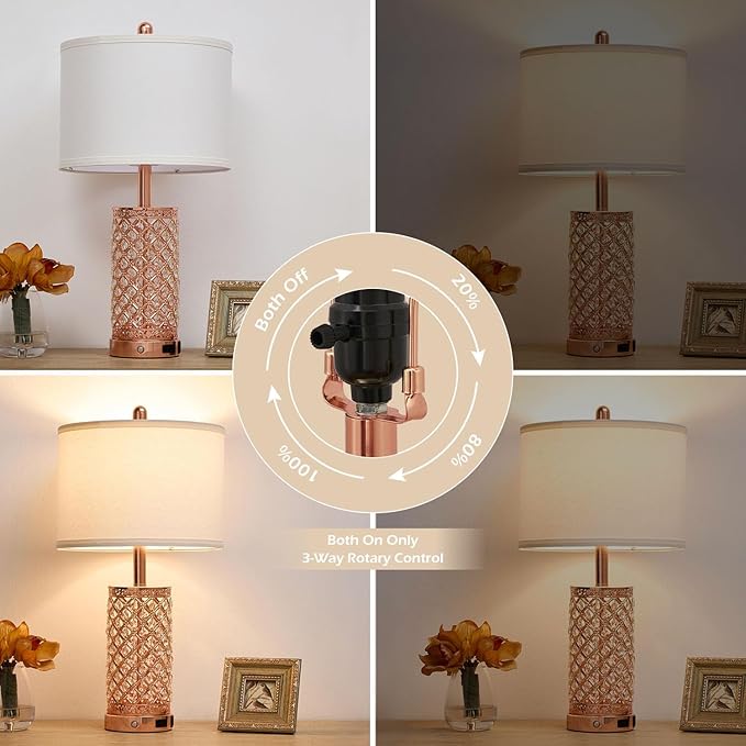 SAIWEYA Crystal Table Lamps 3-Way Dimmable Bedroom Lamp with 2 USB Ports & AC Outlets for Living Room Retro Bedside Nightstand Lamp Night Light (Rose Gold- 1 Pack 24In)