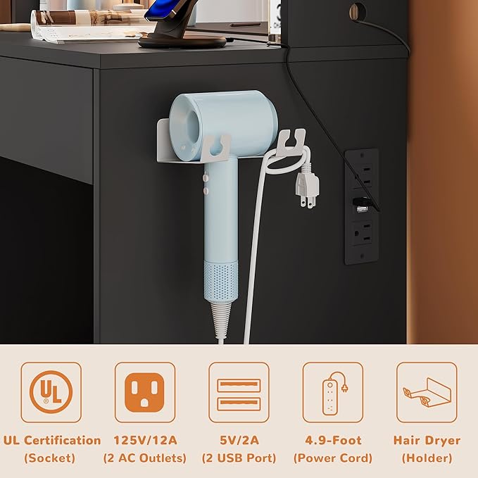 wanan Vanity Desk with Mirror and Lights 3 Colors, Girls Vanity Set with Power Outlet, Compact Vanity Table for Small Space, Black Vanity Desk only