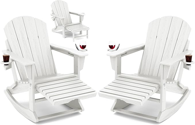 KINGYES Adirondack Rocking Chair Set of 2 with Retractable Ottoman and Cup Holders, HDPE Adirondack Rocker Patio Rocking Chair for Porch, Patio, Balcony, White
