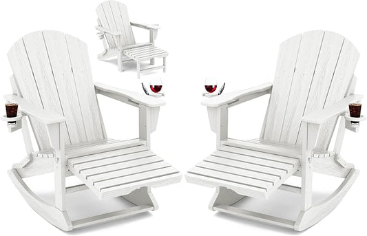 KINGYES Adirondack Rocking Chair Set of 2 with Retractable Ottoman and Cup Holders, HDPE Adirondack Rocker Patio Rocking Chair for Porch, Patio, Balcony, White
